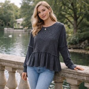 Altar'd State Charcoal Ruffle Blouse Size Small